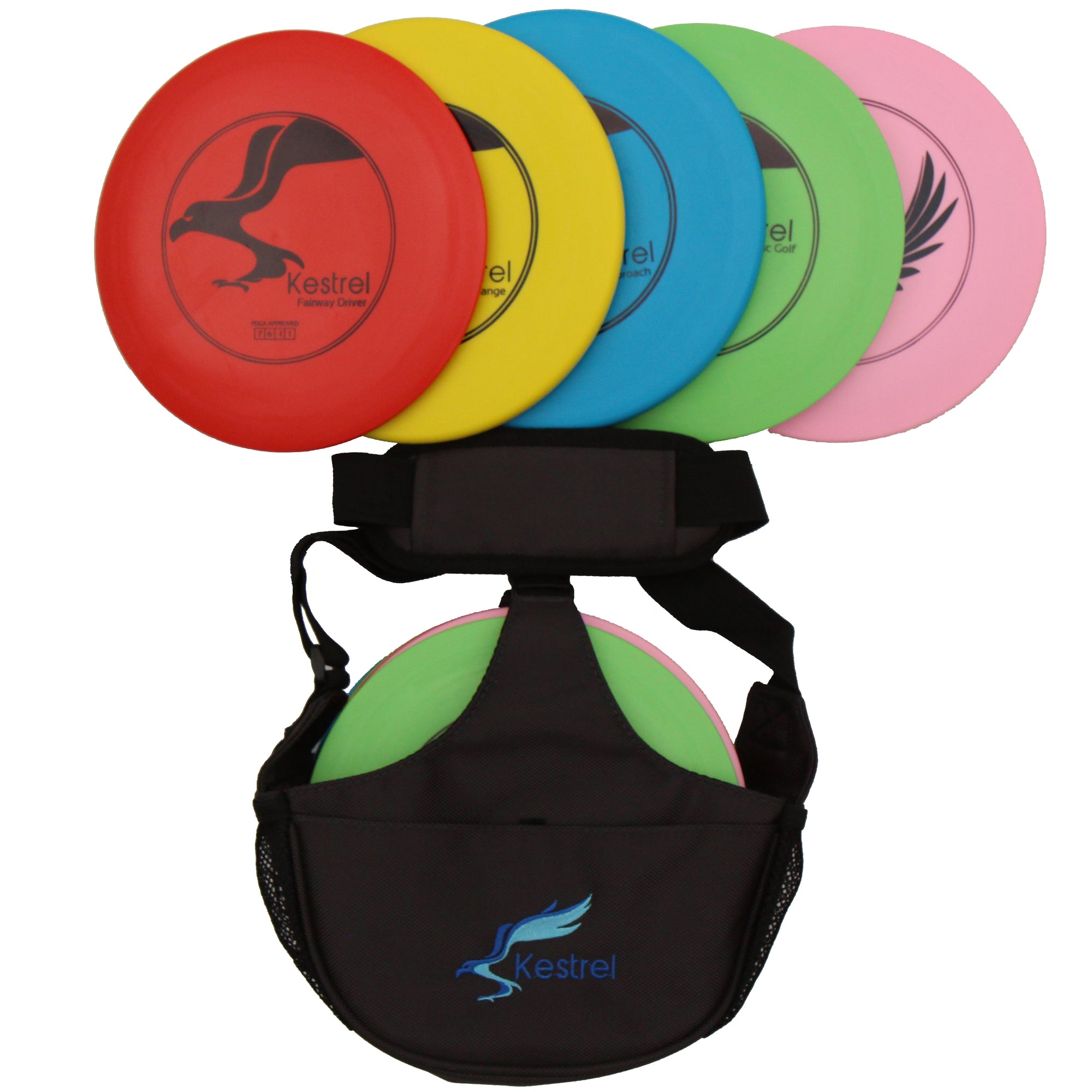 Kestrel Disc Golf Set Bundle | 5 Discs + Shoulder Bag | Includes 2 Fairway Drivers, 2 Mid-Range Discs and Putter | Ages 6+  (5-Pack)